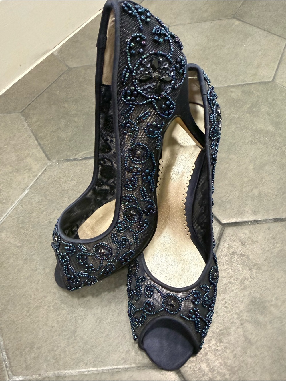 Caparros Navy Beaded Peep-Toe Heels